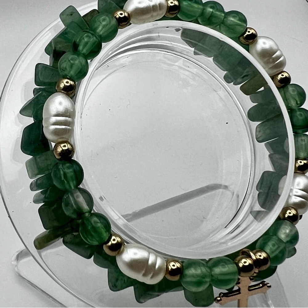 Green Aventurine Pearl Beaded stack Bracelet Set with Cross Charm Boho - Picture 4 of 6